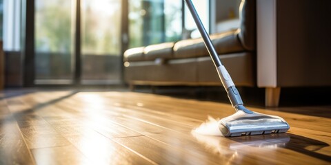 Floor cleaning with mob with cleanser foam and vacuum cleaner at home.