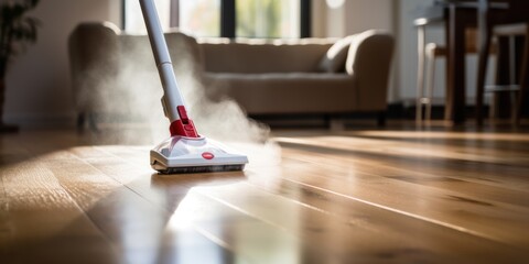 Floor cleaning with mob with cleanser foam and vacuum cleaner at home. - obrazy, fototapety, plakaty