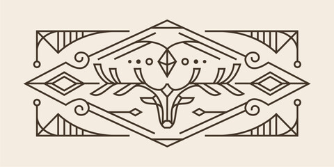 art deco sacred deer line design. vintage drawing of geometric deer head wall art design with detailed ornament Vector mystical illustration. 