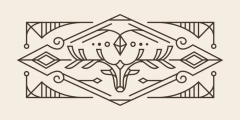 Zelfklevend Fotobehang art deco sacred deer line design. vintage drawing of geometric deer head wall art design with detailed ornament Vector mystical illustration.  © Ramosh Artworks