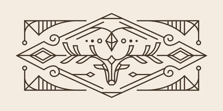 art deco sacred deer line design. vintage drawing of geometric deer head wall art design with detailed ornament Vector mystical illustration. 