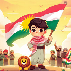 people boy kurdish has raised the Kurdistan Flag