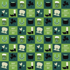 Seamless pattern with St patrick elements on green background. Modern cute background. Vector illustration