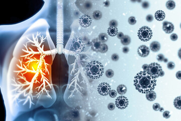 Virus and bacteria infected the Human lungs. lung disease.3d render - obrazy, fototapety, plakaty
