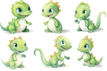 A Playful Parade of Cartoon Green Dinosaurs with Expressive Faces
