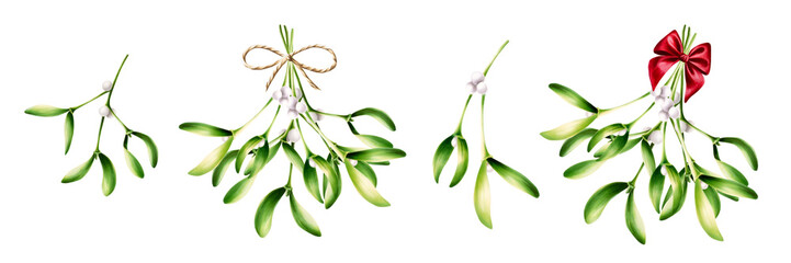 Watercolor christmas set of green mistletoes with twine and red satin bow. New year botanical illustration of kissing symbol isolated on white background. For designers, decoration, shop, for
