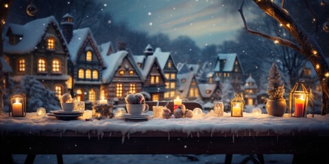 Magical Christmas night. Winter scene with Christmas table