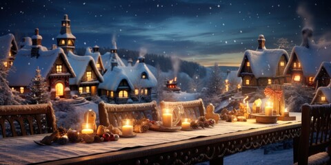 Fototapeta na wymiar Magical Christmas night. Winter scene with Christmas table
