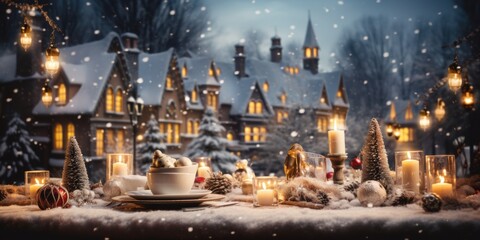 Magical Christmas night. Winter scene with Christmas table
