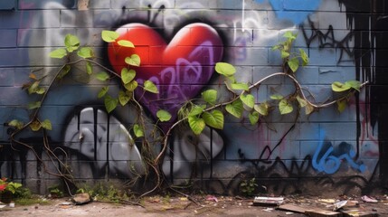Graffiti on the wall of an abandoned building with red heart. Street Art Concept.
