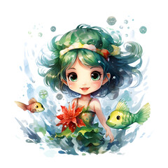 the little green mermaid, kid watercolor illustration