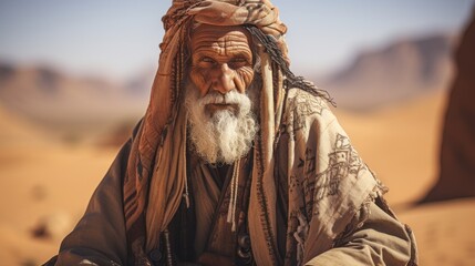 Mature berber man in traditional clothing sitting on sand