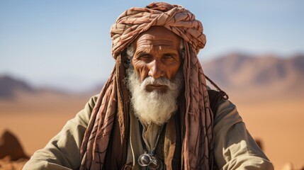 Mature berber man in traditional clothing sitting on sand