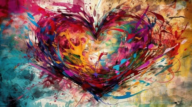 Abstract colorful heart background with grunge brush strokes and splashes. Street Art Concept.