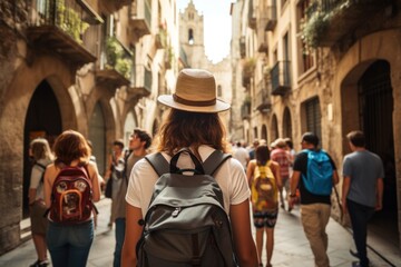 Rear view of a happy tourists on their trip in Europe
