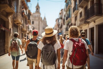 Rear view of a happy tourists on their trip in Europe