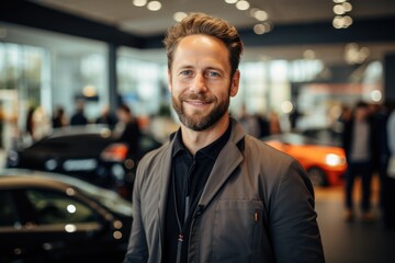 Obraz premium Smiling, friendly car seller standing in car salon and using tablet
