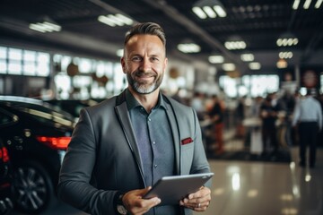 Smiling, friendly car seller standing in car salon and using tablet - Powered by Adobe