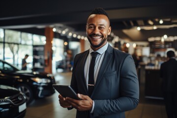 Smiling, friendly car seller standing in car salon and using tablet