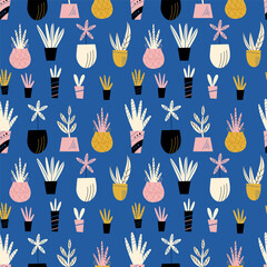 Seamless pattern with houses plants elements on blue background. Modern cute background. Vector illustration