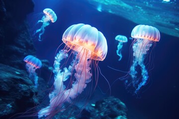 A group of Atlantic sea nettle jellyfish swims in an aquarium