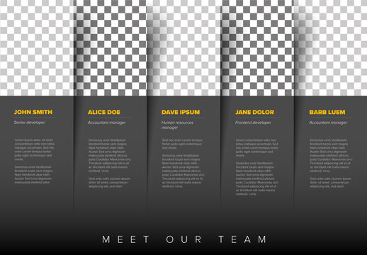Dark Company team presentation template with team member profiles in dark gray columns