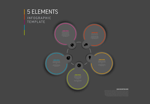 Dark five circle elements template with gray cards colorful borders icons and description