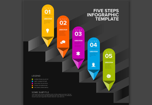 Simple dark infographic with title and five diagonal steps on solid arrows