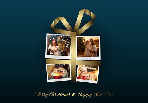Christmas dark blue family photo card layout template in the shape of christmas present