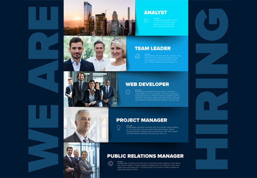 We are hiring dark blue minimalistic flyer template with blocks containing position names