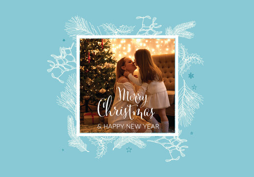 Christmas light  family photo card layout template with christmas elements and place for family photo