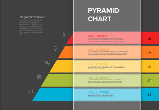Infographic dark Pyramid chart diagram template with icons made from five stripes and transparent block