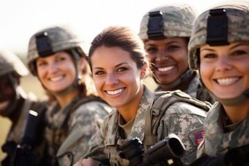 Woman in military camouflage clothing, digital illustration. Generative AI - obrazy, fototapety, plakaty