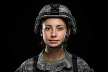 Obraz premium Woman in military camouflage clothing, digital illustration. Generative AI