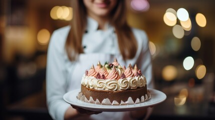A professional female pastry chef holds birthday cake and smiles. Cozy kitchen in a coffee shop. Young woman Pastry chef portrait close-up front view. Generative AI.
