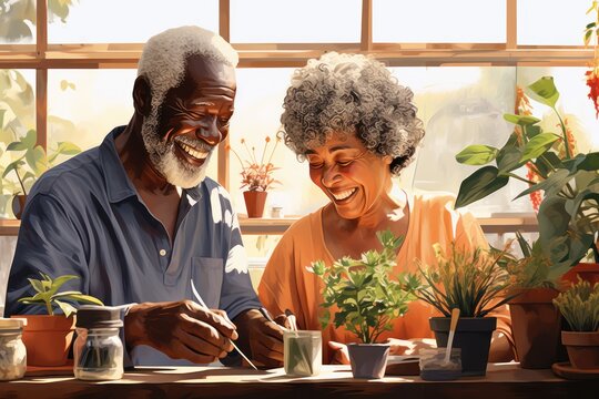 vector art of Afroamerican senior couple enjoy takes care indoor plants garden at home