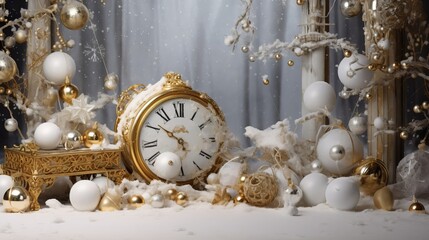 Silver-gold stylish modern Christmas decor with a clock, a sprig of spruce, balls, flowers, snowflakes, stars. Stylish New Year Greeting