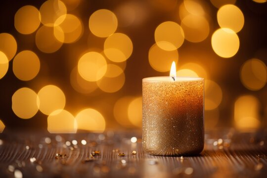 Festive Atmosphere Captured in a Close-Up Image of a Burning Candle Amidst New Year's Decorations