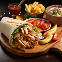 Chicken doner kebab wraps on a wooden board accompanied by chips, pickles, tomatoes on the side, ai...