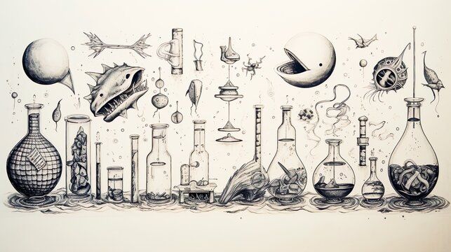 Hand drawn pencil sketches of scientific concepts on paper