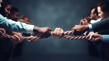 Tug war competition with rope. Hands pulling rope together, teamwork concept. - obrazy, fototapety, plakaty