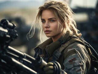 Fototapeta na wymiar closeup portrait of a female soldier on the battlefield