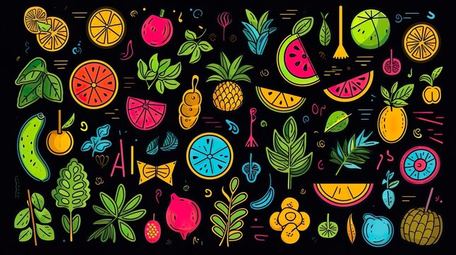 fresh seamless pattern with collection of fruits and leaves in clipart watercolor design on black background