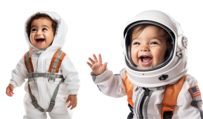 cute happy baby arabic toddler kid dressed like an astronaut on transparent background	