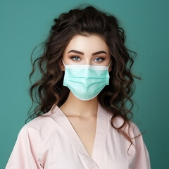 Close-up attractive girl wearing medical mask on colored background, ai technology