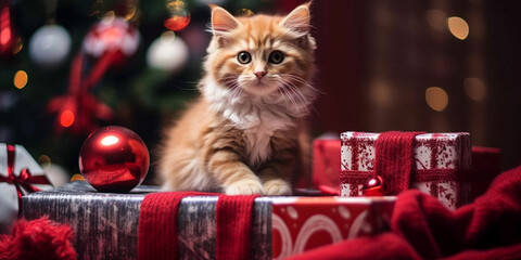 Cat with a Santa hat and Christmas presents