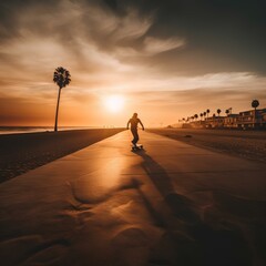 Fototapeta na wymiar a guy skateboarding in a beach on the sunset