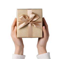 Woman hands holding Gift box top view isolated on transparent background