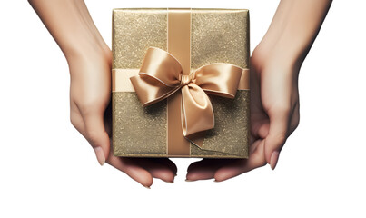 Woman hands holding Gift box top view isolated on transparent background