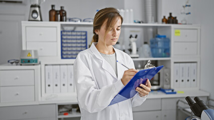 Dedicated young blonde scientist engrossed in deep medical research, meticulously taking notes on clipboard standing amidst test tubes in bustling lab.